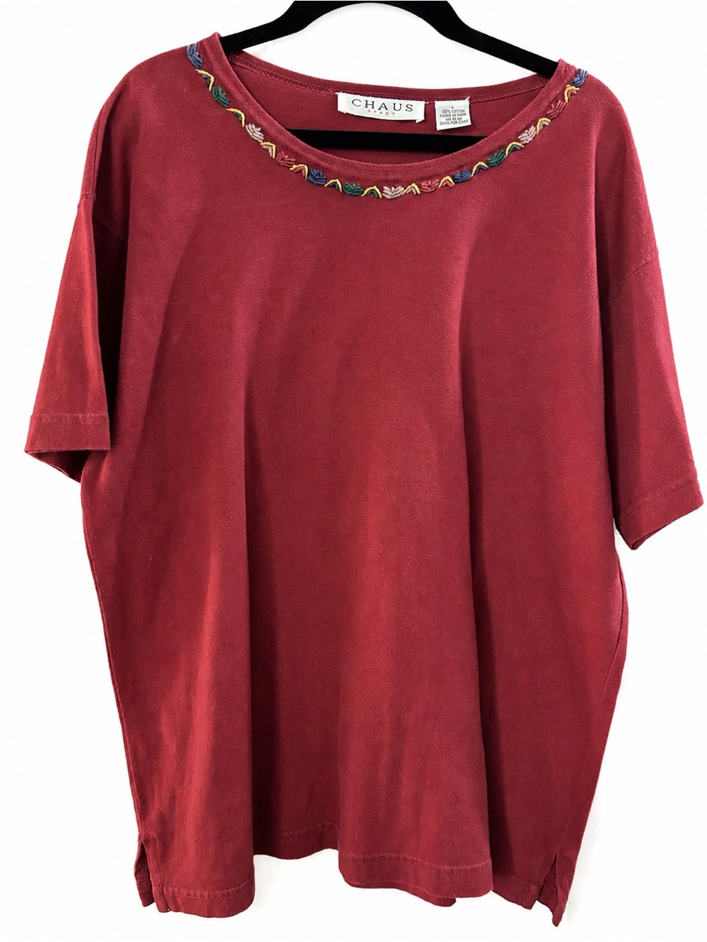 Chaus Sport Embroidered Neckline Tee Large 100% Cotton Red Casual Top